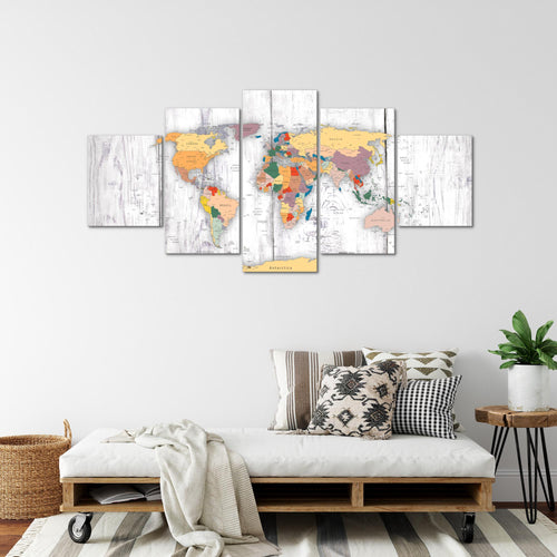 Runa Art - Bilder Weltkarte Holz 200 x 100 cm 5 Teilig XXL Wanddekoration Design Weiss 108751c