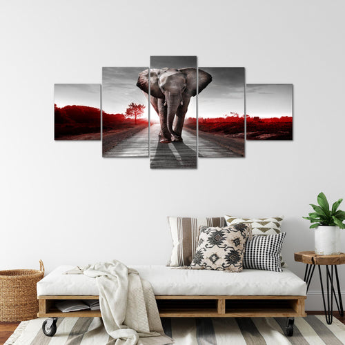 Runa Art - Bilder Afrika Elefant 200 x 100 cm 5 Teilig XXL Wanddekoration Design Rot Grau 042651b
