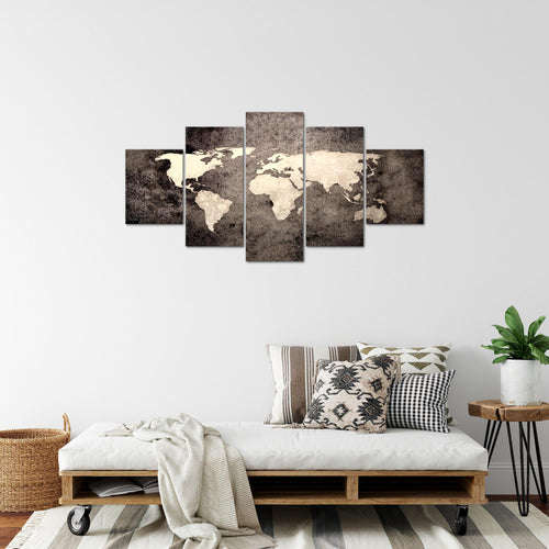Runa Art Bild Büro Wohnzimmer Weltkarte 5 Teilig Vintage Antik Braun Wandbilder auf Vlies Leinwand 101753c