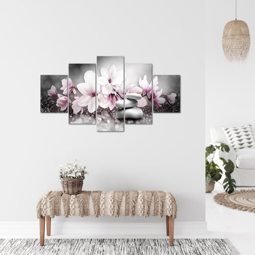 Runa Art Bild Wohnzimmer Schlafzimmer Blumen Magnolien 5 Teilig Abstrakt Grau Rosa Wandbilder auf Vlies Leinwand 035453a