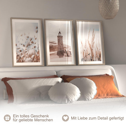 Novart Wandbilder mit Rahmen Lichtturm Boho Meer - Wohnzimmer Schlafzimmer Flur Wanddeko - 3 Bilder Set Beige - N134936aR1