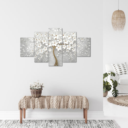 Runa Art Bild Wohnzimmer Schlafzimmer Blumen 5 Teilig Abstrakt Baum Weiss Gold Wandbilder auf Vlies Leinwand 039753a