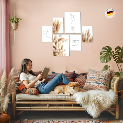 Novart Wandbilder Set Boho Pampasgras Line Art - KEIN EXTRA RAHMEN BENÖTIGT -  Modern Deko  - Wohnzimmer Schlafzimmer N012463a