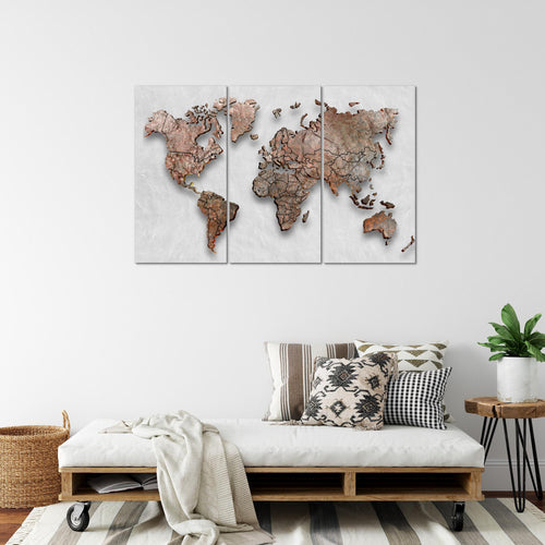 Runa Art Wandbilder Weltkarte 3D Effekt Bild XXL Büro Wohnzimmer Grau Braun Kontinente 120 x 80 cm 3 Teilig 107731c