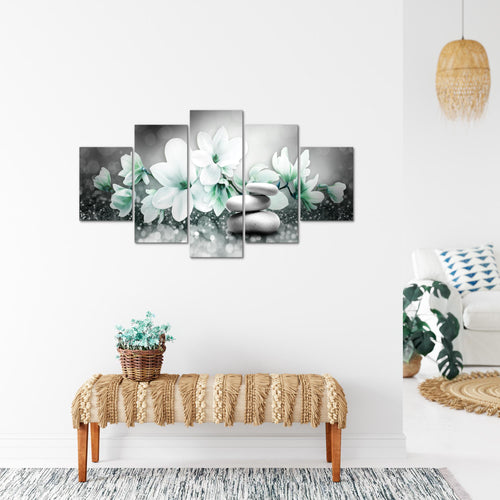 Runa Art Bild Wohnzimmer Schlafzimmer Blumen Magnolien 5 Teilig Abstrakt Grau Türkis Wandbilder auf Vlies Leinwand 035453b