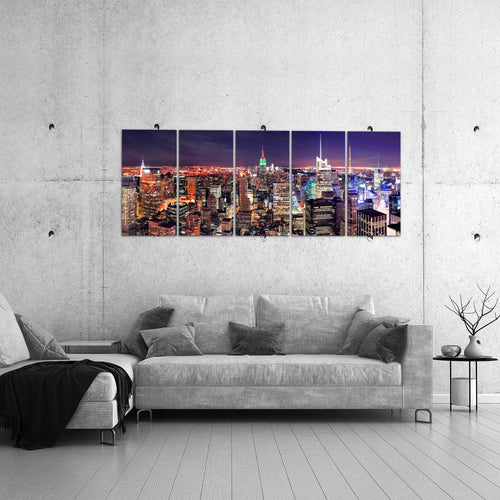 Runa Art Wandbild XXL New York Skyline Wohnzimmer Büro 200 x 80 cm Violett Lila 5 Teilig - Made in Germany - 036255a