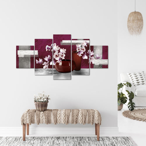 Runa Art - Bilder Blumen Abstrakt 200 x 100 cm 5 Teilig XXL Wanddekoration Design Grau Rot 035251a