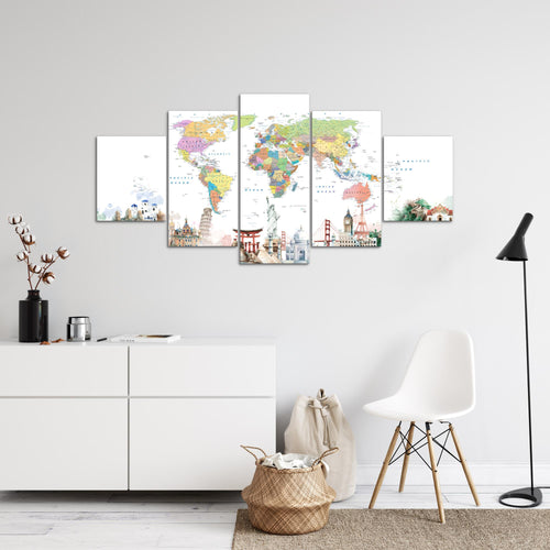 Runa Art - Bilder Weltkarte 200 x 100 cm 5 Teilig XXL Wanddekoration Design Weltkarte Blau 056051a