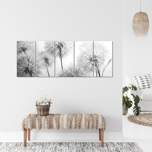 Runa Art Wandbild XXL Blumen Pusteblumen Wohnzimmer Schlafzimmer 200 x 80 cm Schwarz Weiss 5 Teilig - Made in Germany - 042055c