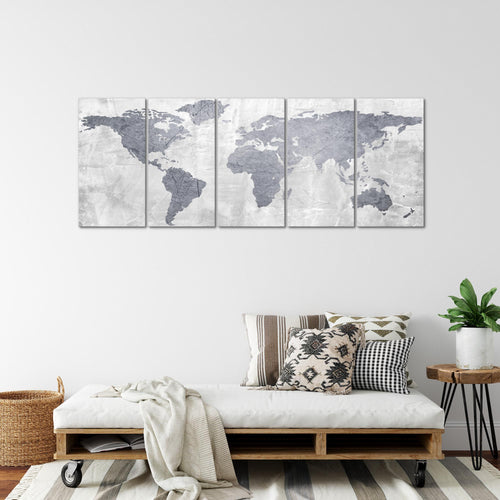 Runa Art Wandbild XXL Weltkarte Büro Wohnzimmer 200 x 80 cm Grau 5 Teilig - Made in Germany - 104355c