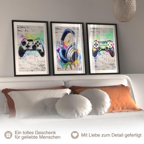 Novart Wandbilder mit Rahmen Spielkonsole Gamer - Spielzimmer Jungen Teenager Wanddeko - 3 Bilder Set Weiß - N138736aR2