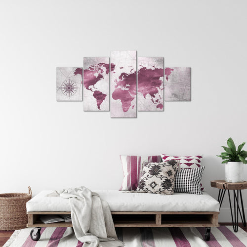 Runa Art Bild Büro Wohnzimmer Weltkarte 5 Teilig Vintage Antik Pink Wandbilder auf Vlies Leinwand 026053b
