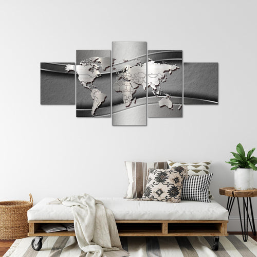 Runa Art - Bilder Weltkarte 200 x 100 cm 5 Teilig XXL Wanddekoration Design Silber 107251b