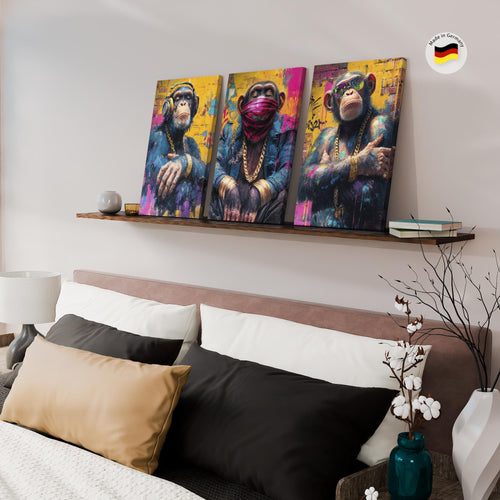 Novart Bilder Set Tiere - KEIN EXTRA RAHMEN BENÖTIGT - Wandbilder für Wohnzimmer Schlafzimmer Büro - 3 Teilig Deko Affe - N040536a