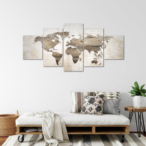 Runa Art - Bilder Weltkarte 200 x 100 cm 5 Teilig XXL Wanddekoration Design Beige Braun 035051a
