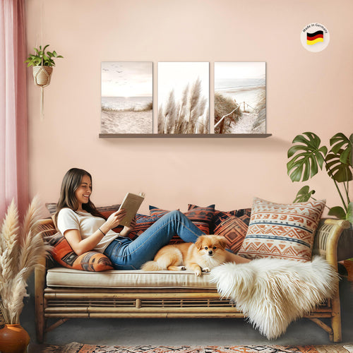 Novart Bilder Set Landschaft - KEIN EXTRA RAHMEN BENÖTIGT - Wandbilder für Wohnzimmer Schlafzimmer Büro - 3 Teilig Deko Strand - N003936a