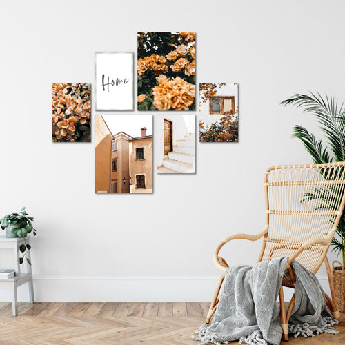 Novart Wandbilder Set Home Blumen Orange - KEIN EXTRA RAHMEN BENÖTIGT -  Modern Deko  - Wohnzimmer Schlafzimmer N010163a