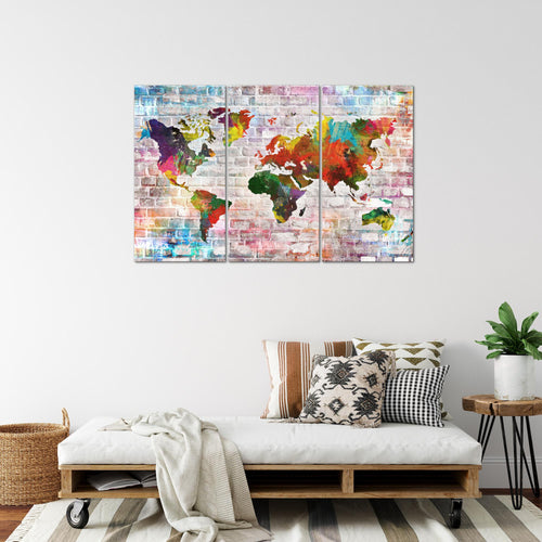 Runa Art Wandbilder Weltkarte Bild XXL Büro Wohnzimmer Bunt Steinoptik Ziegel 120 x 80 cm 3 Teilig 106931a