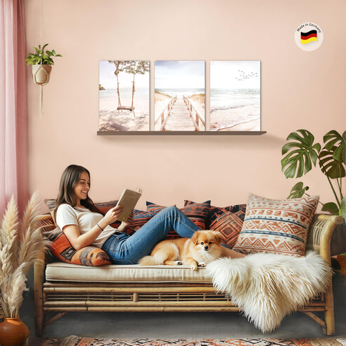 Novart Bilder Set Landschaft - KEIN EXTRA RAHMEN BENÖTIGT - Wandbilder für Wohnzimmer Schlafzimmer Büro - 3 Teilig Deko Strand - N038136b