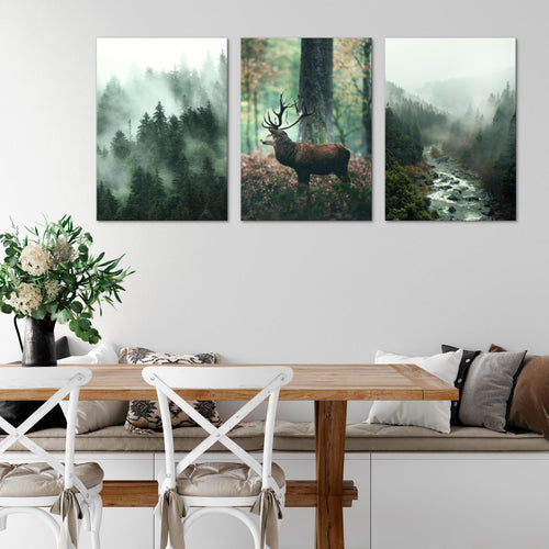 Novart Bilder Set Landschaft - KEIN EXTRA RAHMEN BENÖTIGT - Wandbilder für Wohnzimmer Schlafzimmer Büro - 3 Teilig Deko Waldlandschaft - N004636a