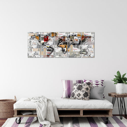 Runa Art Bild Weltkarte Banksy Collage Wandbilder auf Vlies Leinwand 5 Teilig Wanddekoration Loft Wohnzimmer 104556a