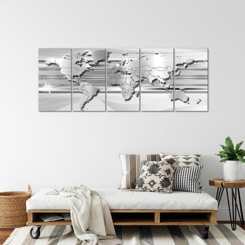 Runa Art Wandbild XXL Weltkarte Büro Wohnzimmer 200 x 80 cm Grau 5 Teilig - Made in Germany - 107955c