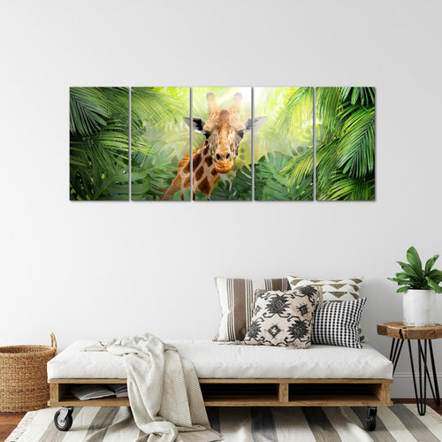 Runa Art Wandbild XXL Giraffe Abstrakt Wohnzimmer Schlafzimmer 200 x 80 cm Grün 5 Teilig - Made in Germany - 037555c