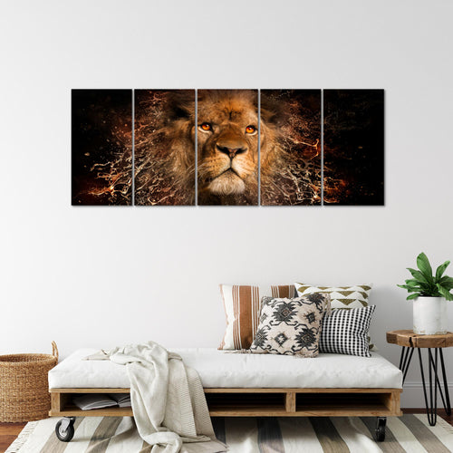Runa Art Wandbild XXL Afrika Löwe Wohnzimmer Schlafzimmer 200 x 80 cm Schwarz Gold 5 Teilig - Made in Germany - 040755a
