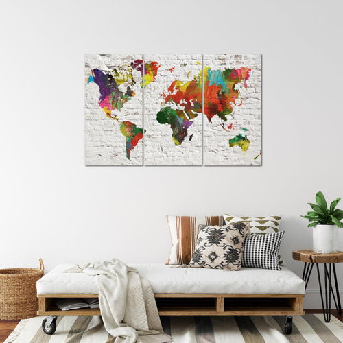 Runa Art Wandbilder Weltkarte Bild XXL Büro Wohnzimmer Bunt Steinoptik Ziegel 120 x 80 cm 3 Teilig 107531a