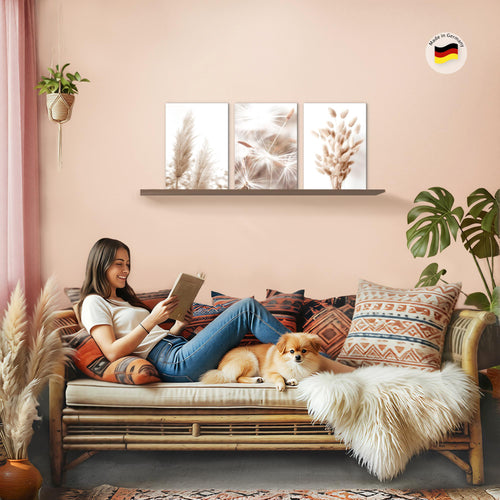 Novart Wandbilder Set Blumen Pflanzen - KOMPLETT AUFHÄNGFERTIG - Wohnzimmer Schlafzimmer Büro Deko - 3 Moderne Bilder Pflanzen - N008935a