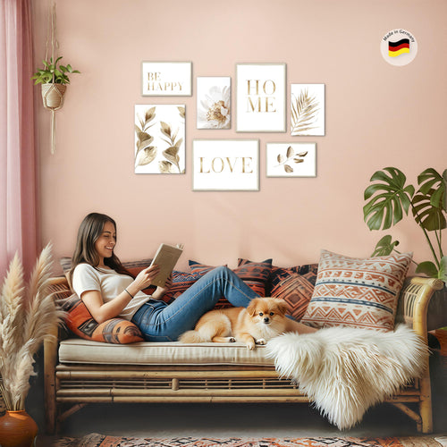 Novart Wandbilder Boho Gold Blätter - KOMPLETT AUFHÄNGFERTIG - Home Wohnzimmer Schlafzimmer - 7 Moderne Mood-Bilder - N021571a