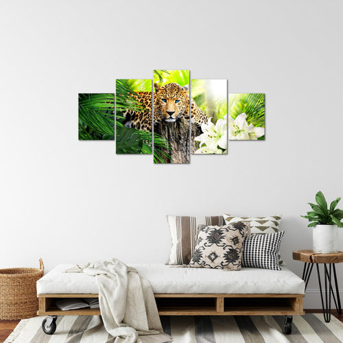 Runa Art Bild Wohnzimmer Schlafzimmer Afrika Leopard 5 Teilig Raubkatze Dschungel Grün Wandbilder auf Vlies Leinwand 006753b