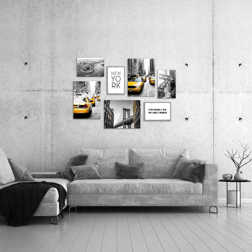 Novart Wandbilder New York City Taxi - KOMPLETT AUFHÄNGFERTIG - Gelb Grau Wohnzimmer Schlafzimmer - 7 Moderne Mood-Bilder - N006371a