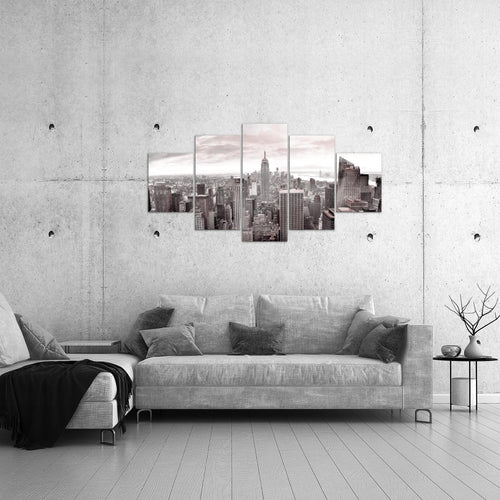 Runa Art Bild Wohnzimmer Büro New York Skyline 5 Teilig USA Grau Rosa Wandbilder auf Vlies Leinwand 010253b