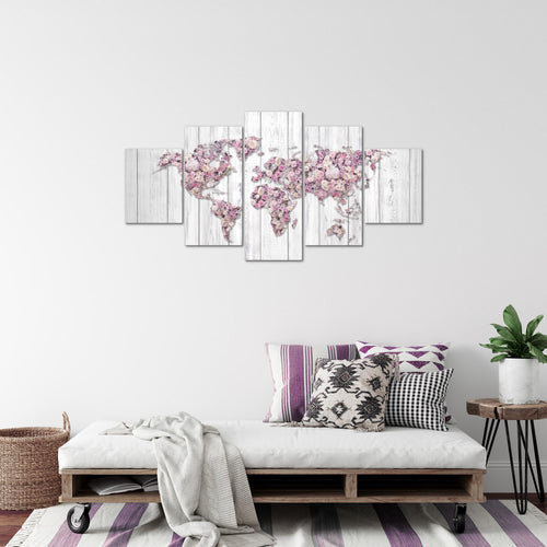 Runa Art Bild Wohnzimmer Schlafzimmer Weltkarte Blumen 5 Teilig Vintage Grau Rosa Wandbilder auf Vlies Leinwand 023253b