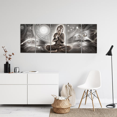 Runa Art Wandbild XXL Buddha Zen Wohnzimmer Schlafzimmer 200 x 80 cm Grau 5 Teilig - Made in Germany - 041655b