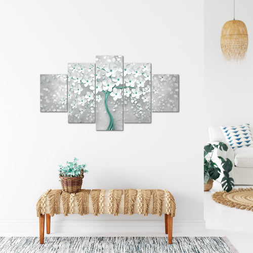 Runa Art Bild Wohnzimmer Schlafzimmer Blumen 5 Teilig Abstrakt Baum Weiss Türkis Wandbilder auf Vlies Leinwand 039753b