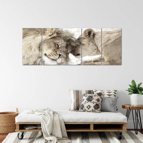 Runa Art Wandbild XXL Löwen Liebe Wohnzimmer Schlafzimmer 200 x 80 cm Beige 5 Teilig - Made in Germany - 002155b