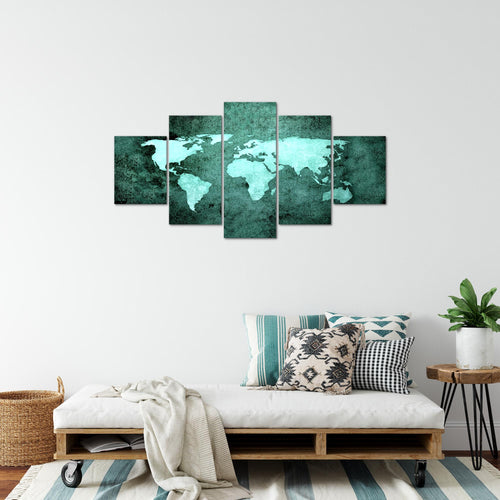 Runa Art Bild Büro Wohnzimmer Weltkarte 5 Teilig Vintage Antik Türkis Wandbilder auf Vlies Leinwand 101753b