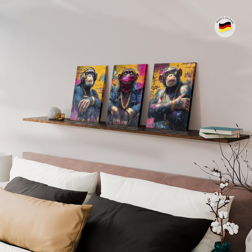 Novart Wandbilder Set Tiere - KOMPLETT AUFHÄNGFERTIG - Wohnzimmer Schlafzimmer Büro Deko - 3 Moderne Bilder Affe - N040535a