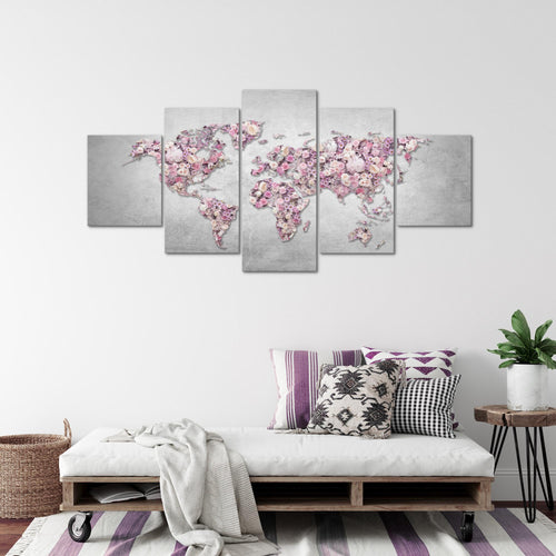 Runa Art - Bilder Weltkarte Blumen 200 x 100 cm 5 Teilig XXL Wanddekoration Design Grau Rosa 023251a