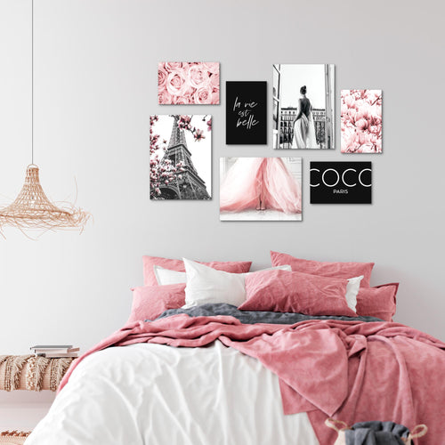 Novart Wandbilder Fashion Paris - KOMPLETT AUFHÄNGFERTIG - Rosa Wohnzimmer Mädchen Teenager - 7 Moderne Mood-Bilder - N008371a