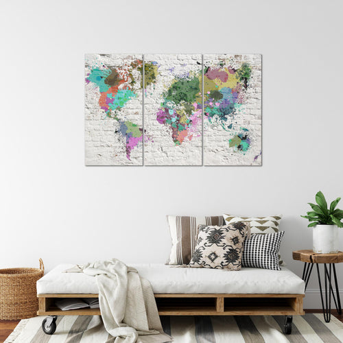 Runa Art Wandbilder Weltkarte Bild XXL Büro Wohnzimmer Bunt Ziegelwand 120 x 80 cm 3 Teilig 107531c