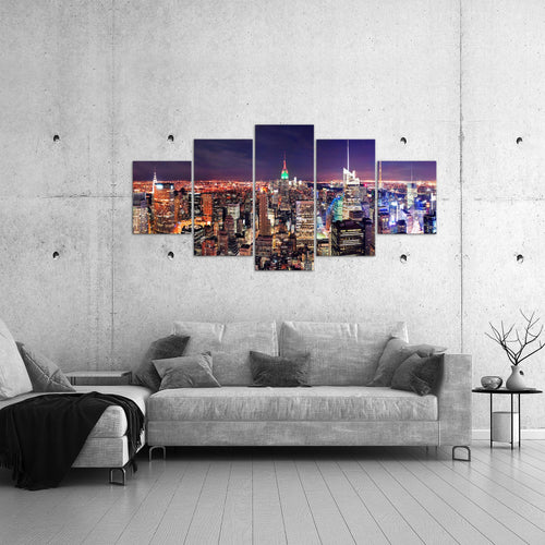 Runa Art - Bilder New York Skyline 200 x 100 cm 5 Teilig XXL Wanddekoration Design Violett Lila 036251a