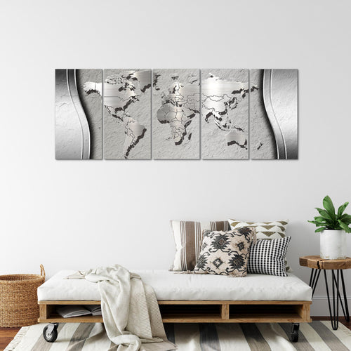 Runa Art Wandbild XXL Weltkarte Büro Wohnzimmer 200 x 80 cm Grau 5 Teilig - Made in Germany - 107255c