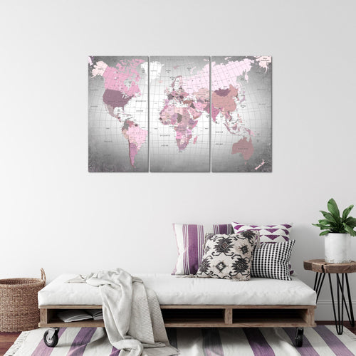 Runa Art Wandbilder Weltkarte Bild XXL Büro Wohnzimmer Rosa Grau Kontinente 120 x 80 cm 3 Teilig 023331c