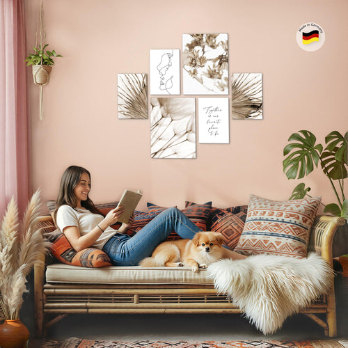 Novart Wandbilder Set Boho Natur Line Art - KEIN EXTRA RAHMEN BENÖTIGT -  Modern Deko  - Wohnzimmer Schlafzimmer N026963a