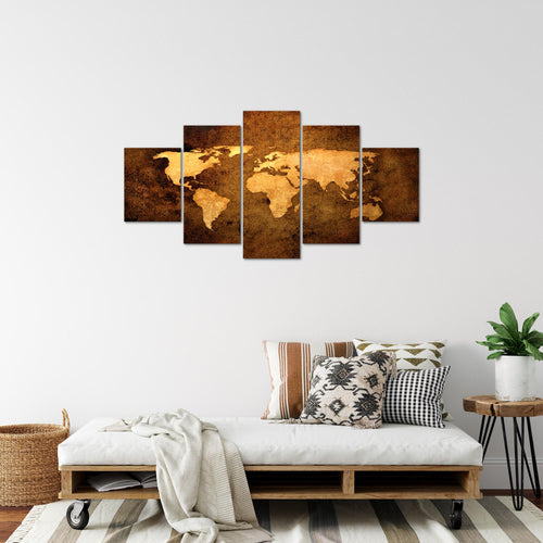 Runa Art Bild Büro Wohnzimmer Weltkarte 5 Teilig Vintage Antik Gold Wandbilder auf Vlies Leinwand 101753a