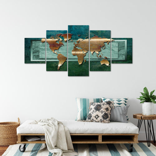 Runa Art - Bilder Weltkarte 200 x 100 cm 5 Teilig XXL Wanddekoration Design Grün 106751b