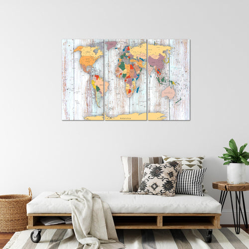 Runa Art Wandbilder Weltkarte Holz Bild XXL Büro Wohnzimmer Weiss Landkarte 120 x 80 cm 3 Teilig 108731b